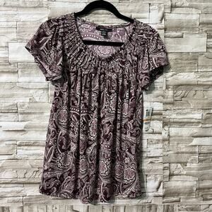 Style & Co Blouse Women's Small Round Neck Short Sleeve Floral Boho Top Casual